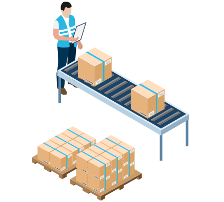 Animated image of man packing boxes on conveyer belt