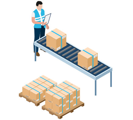 Animated image of man packing boxes on conveyer belt